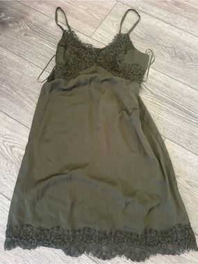Chelsea & Violet Smocked Eyelash Lace Tiered Bottoms Olive Slip Dress- L NWT